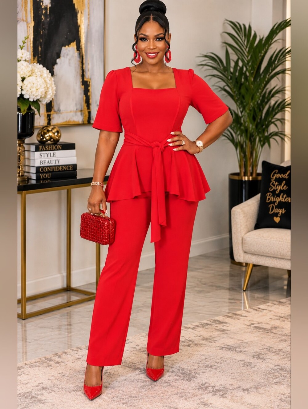 Danny & Nicole Red Peplum Tie-Waist Jumpsuit